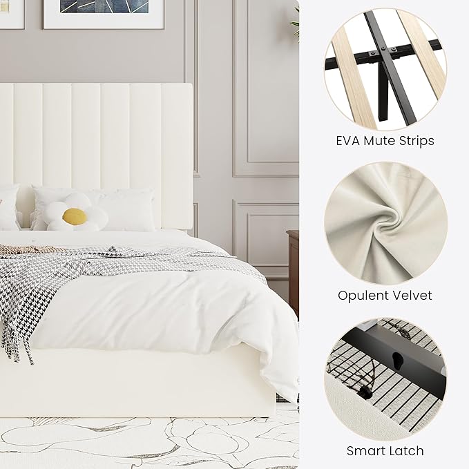 SHA CERLIN Queen Platform Bed Frame with 4 Storage Drawers, Vertical Channel Tufted Adjustable Headboard, Velvet Upholstered, Wooden Slats Support, No Box Spring Needed, Easy Assembly, Cream