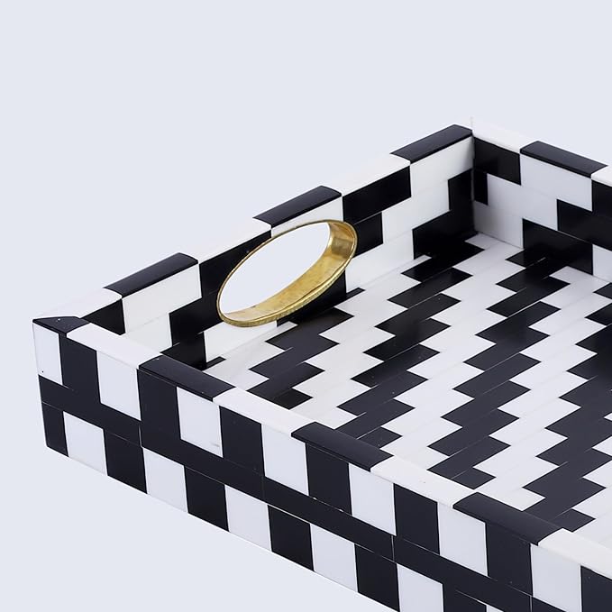 Handicrafts Home Optique Pixel Ottoman Tray 17x11, Handmade Resin Inlay Decorative Tray, Black White Geometric Coffee Table Centerpiece, Large Designer Serving Tray for Living Room Décor