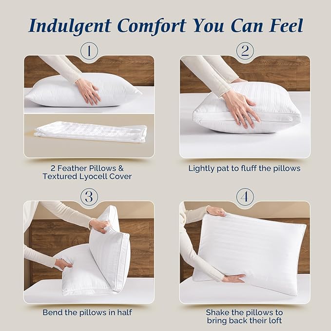 downluxe Goose Feather and Down Pillows - 2 Pack Gusseted Hotel Collection Feather Pillows Set of 2 for Back, Stomach or Side Sleepers, Queen Size (18"x26"x2")