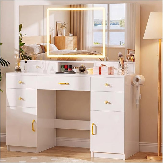 COMHOMA Vanity Desk with 3 Way Mirror and Lights, Large Makeup Vanity Table Set with Charging Station, 3 Lighting Modes & 360° View Mirror, 7 Drawers Dressing Table for Women Girls Bedroom, White