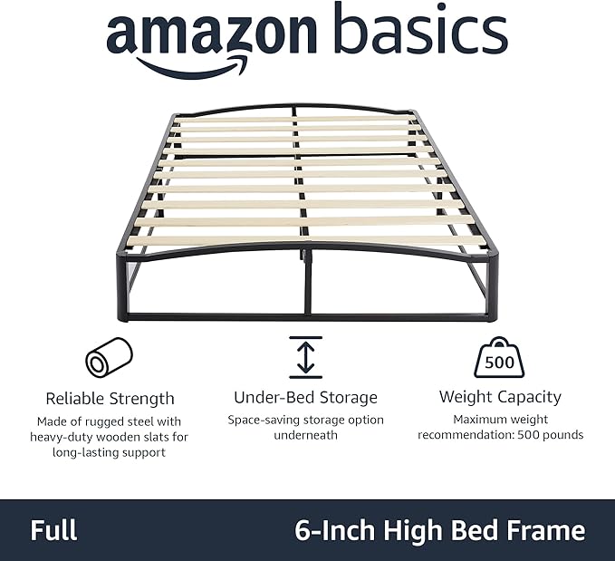 Amazon Basics Metal Platform Bed Frame with Wood Slat Support, Under-Bed Storage, 6 inches High, Full, Black