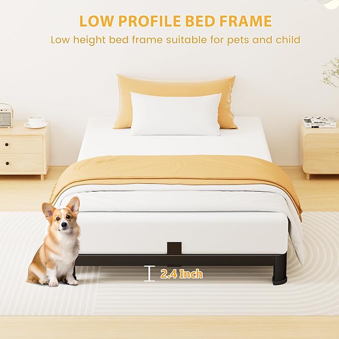 Superay 4 Inch Twin Bed Frame Low Profile, Heavy Duty Metal Platform Bed Frame with Round Corner Legs, Sturdy Mattress Foundation, No Box Spring Needed, Easy Assembly, Noise Free, Black