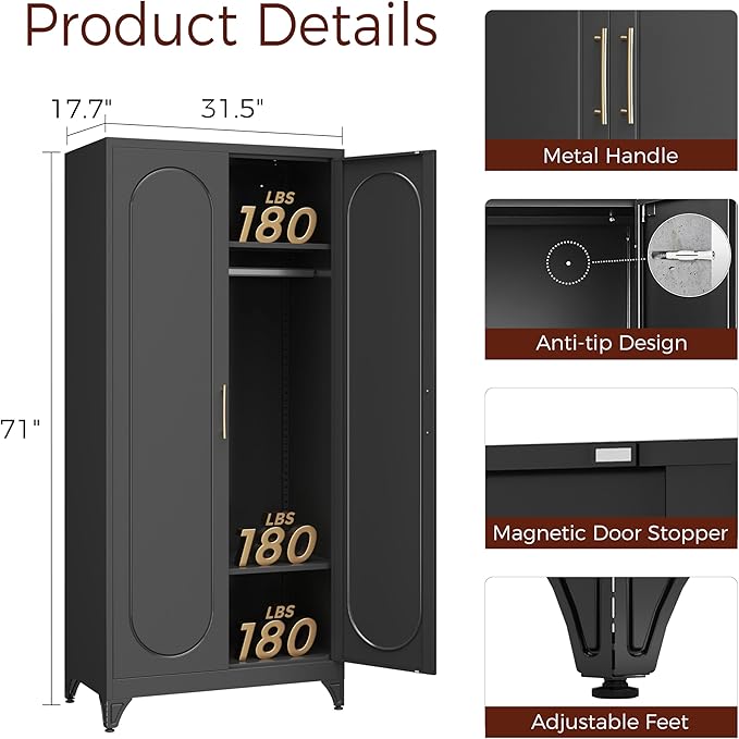 Metal Armoire Wardrobe Closet with 2 Doors, 71" Black Wardrobe Cabinet with Hanging Rod and Adjustable Shelves, Tall Clothing Storage Cabinets for Bedroom, Laundry Room, Home Office