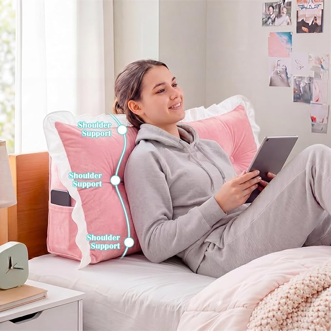 Leinuosen 39 in Ruffle Wedge Headboard Pillow for Dorm Twin XL College Bed Reading Bolster Dorm Velvet Triangular Bed Backrest Wedge Pillow Cushion for College Reading Support(Pink)