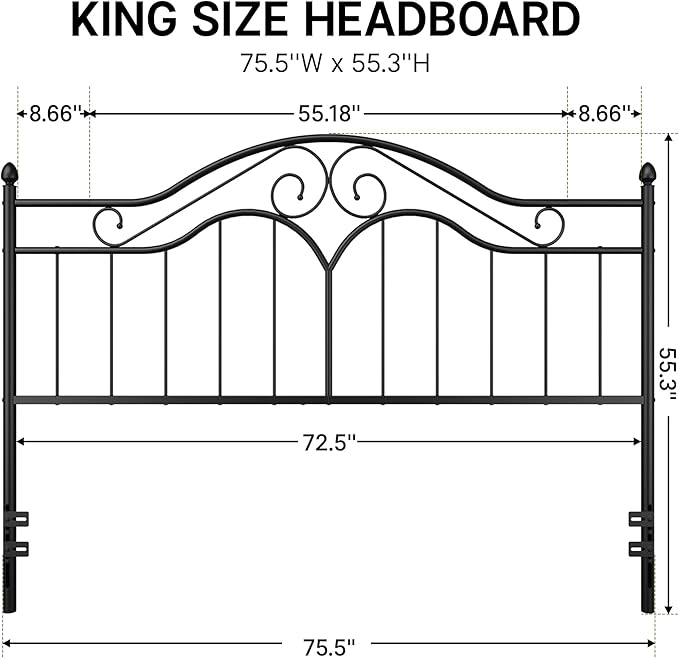 Elephance Headboard for King Size Bed Frame, Vintage Platform Bed Metal Headboard Only, Height Adjustable, Sturdy and Stable, King Size, Easy Assembly, Black