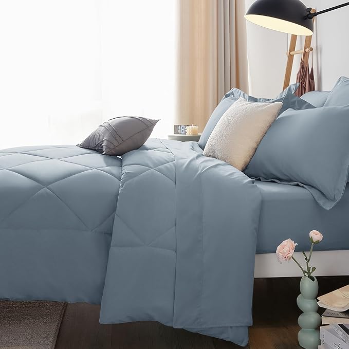 CozyLux Oversized Queen Comforter Set Dusty Blue, 7 Pieces Bed in a Bag Comforter Set with Sheets Luxury Bed Set All Seasons, Bedding Set with Down Alternative Comforter, Sheets, Pillowcases & Shams