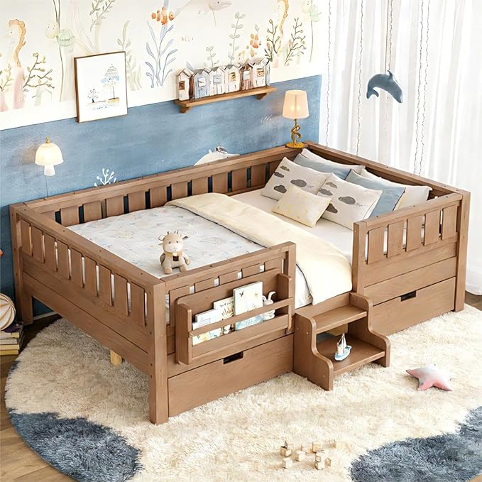 Bellemave Full Size Bed Frame with Storage Drawers & Bookshelf, Low Profile Kids Bed with Staircase & Full Length Guardrails, Solid Wood Full Size Bed Frame Kids with Slats Load 450 LBS, Oak Brown