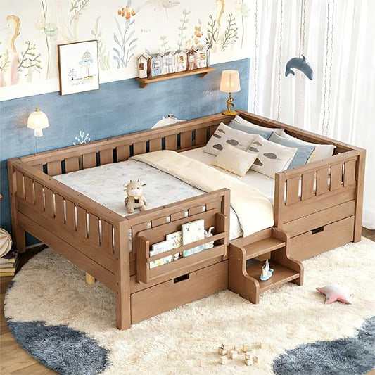 Bellemave Full Size Bed Frame with Storage Drawers & Bookshelf, Low Profile Kids Bed with Staircase & Full Length Guardrails, Solid Wood Full Size Bed Frame Kids with Slats Load 450 LBS, Oak Brown