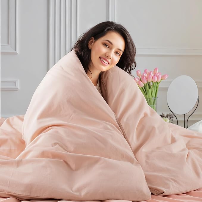 NEXHOME PRO Duvet Cover Set 100% Washed Cotton Full Size Linen Feel Textured Organic Natural 3 Pieces Bedding Set with Zipper Closure and Corner Ties, Breathable Dusty Pink (No Comforter)