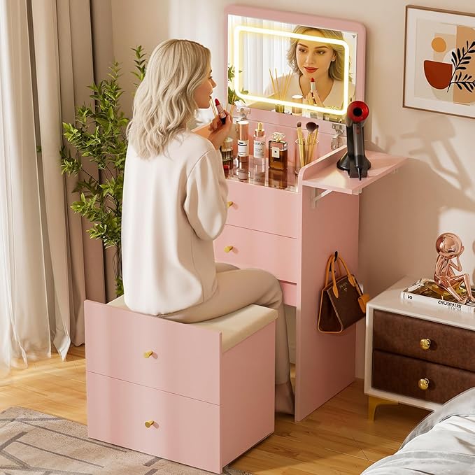 COMHOMA Makeup Vanity Desk with Mirror and Lights, Small 3 in 1 Vanity Table with Visible Glass Top, Flip Top & 3 Drawers, Compact Dresser with Storage Stool for Bedroom, Office or Nightstand