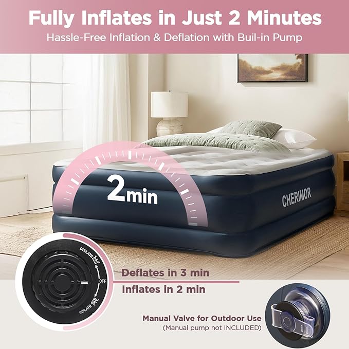 CHERIMOR Twin XL Air Mattress with Built in Pump, 18" Raised Comfort, 21-Coil Honeycomb Support & 550lb Capacity, Reinforced PVC, 2-Min Inflation Inflatable Mattress for Guest Room & Sleepover