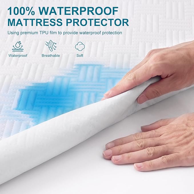 GOPOONY Waterproof Mattress Protector Full Size - Breathable, Noiseless, Ultra-Soft Bed Cover, Mattress Pad Cover with Deep Stretchable Pockets 8"-21" (White)