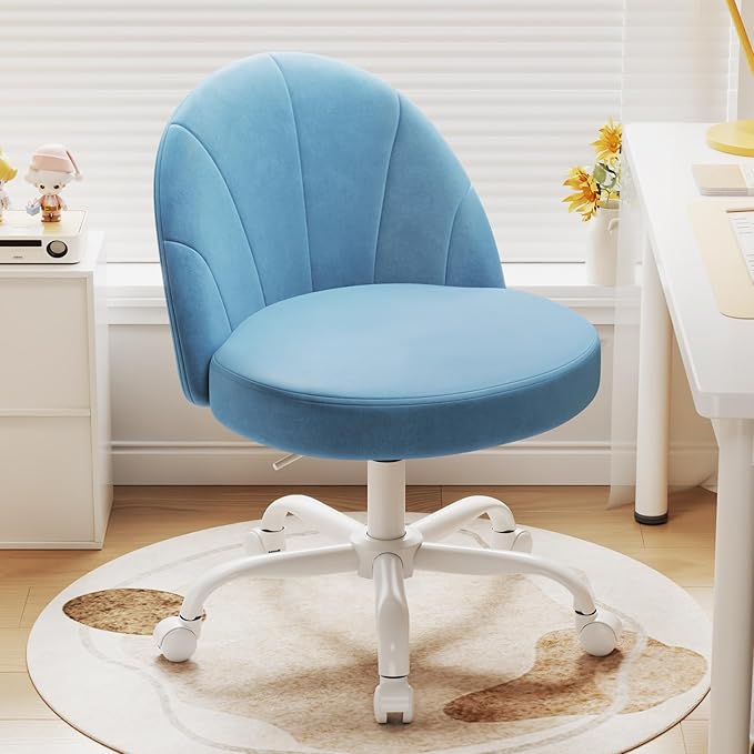 Velvet Vanity Chair with Wheels, Height Adjustable Swivel Makeup Chair, Armless Small Desk Chair for Bedroom/Office/Vanity Table, 250 lbs Capacity (Velvet, Blue)