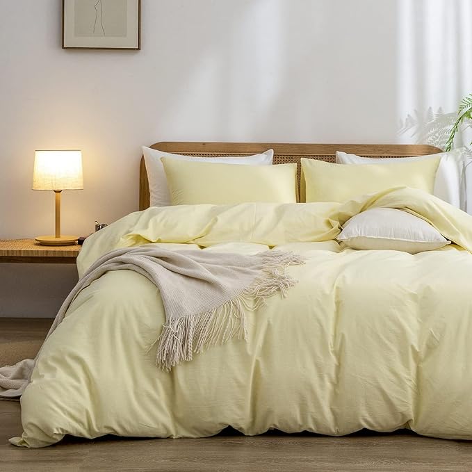 BESTOUCH Duvet Cover Set 100% Washed Cotton Linen Feel Super Soft Comfortable Chic Lightweight 3 PCs Home Bedding Set Solid Light Yellow Alaska King