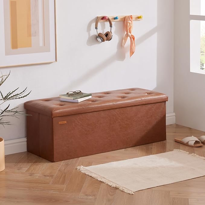 HAUSFRAU Storage Ottoman Bench with Flipping Lid, 43.3 Inches Storage Chest Footsrest, Folding Foot Stool for Entryway, Living Room, Bedroom, Synthetic Leather Retro Brown