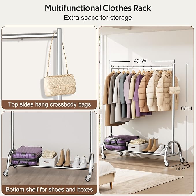 MISSLO Heavy Duty Clothing Rack with Wheels Rolling Clothes Racks for Hanging Clothes, Coats, Garment, Dress, Silver