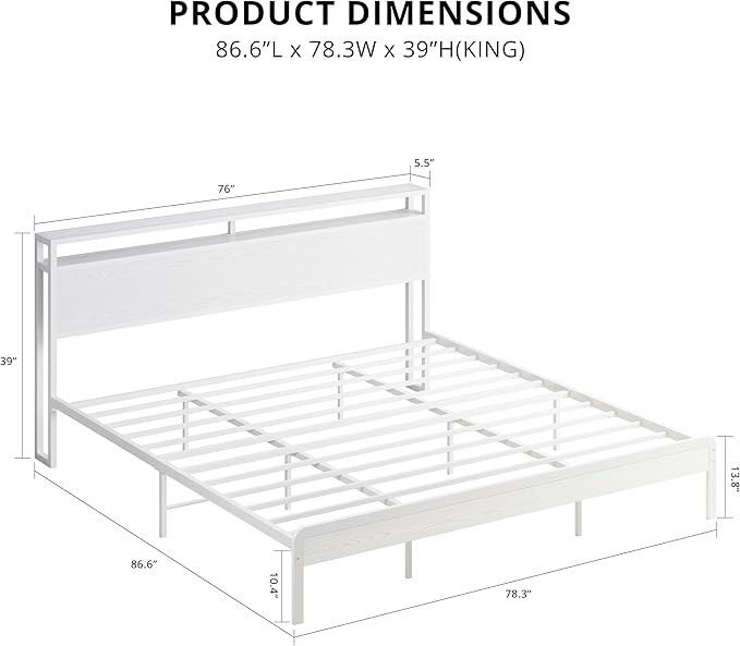 LIKIMIO King Bed Frame with Headboard, Wood Camas King with Strong Supports, Sturdy, Noise-Free, No Box Spring Needed, White