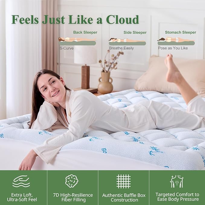 King Mattress Topper, Viscose Derived from Bamboo Thick Pillow Top Mattress Pad with Deep Pocket, Naturally Cooling for Hot Sleepers, Soft for Back Pain Relief, Blue