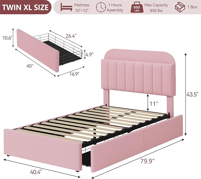 IDEALHOUSE Twin XL Bed Frame for Kids, Boucle Upholstered Platform Bed for Girls with 2 Flexible Drawers, Bookcase Headboard, Noise-Free, Easy Assembly, No Box Spring Needed, Pink