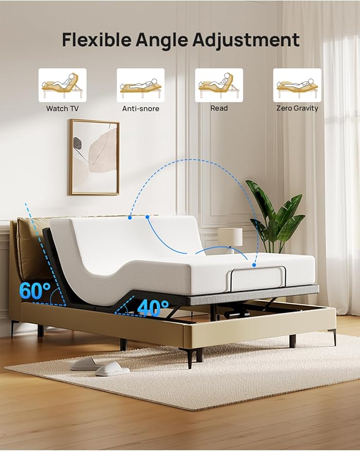 Twin XL Adjustable Bed Frame: Back & Foot Incline Electric Bed Base, Remote Control with Storage Basket, USB-A & USB-C Both Sides Charging, 3 Heights Under-Bed Lighting, Easy Assembly Zero Gravity