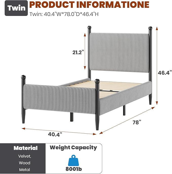 Garvee Twin Size Upholstered Bed Frame - with Velvet Headboard, Soft Corduroy Fabric Platform with Wooden Slats Support & Heavy Duty Feet, No Box Spring Needed, Noise Free, Easy Assembly, Grey