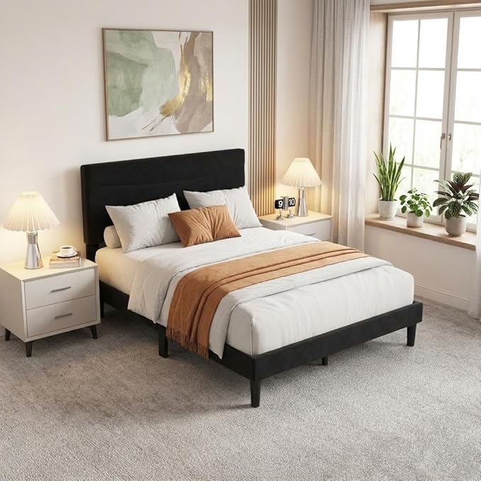 IDEALHOUSE Full Size Upholstered Platform Bed Frame with Ergonomic Headboard, Beige Soft Fabric, Heavy Duty Wooden Slats, Noise-Free, 6.3" Underbed Storage, No Box Spring Needed, Easy Assembly