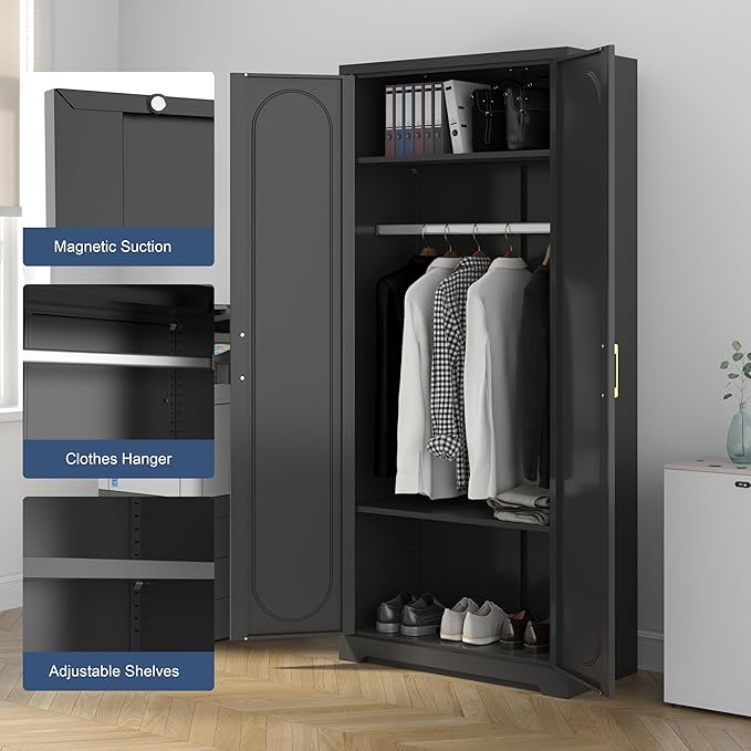 Metal Wardrobe Cabinets，Armoire Wardrobe Closet with Hanging Rod,Clothes Storage Cabinet with Adjustable Shelves and Doors, Clothing Cabinet for Bedroom, Office, Laundry Room