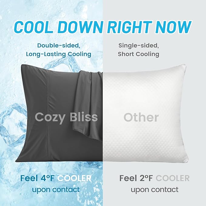 Cozy Bliss Cooling Pillow Cases for Hot Sleepers, Q-Max>0.45, Queen Size Set of 2, Soft & Silky Pillow Covers with Envelope Closure,Gift, Charcoal Gray, 20x30 Inches