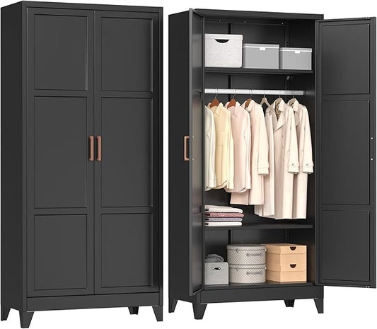 INTERGREAT 71” H Metal Wardrobe Cabinets with 2 Doors, Large Clothing Storage Cabinets with Hanging Rod and Adjustable Shelves, Closet for Home Living/Laundry Room/Department (Black)