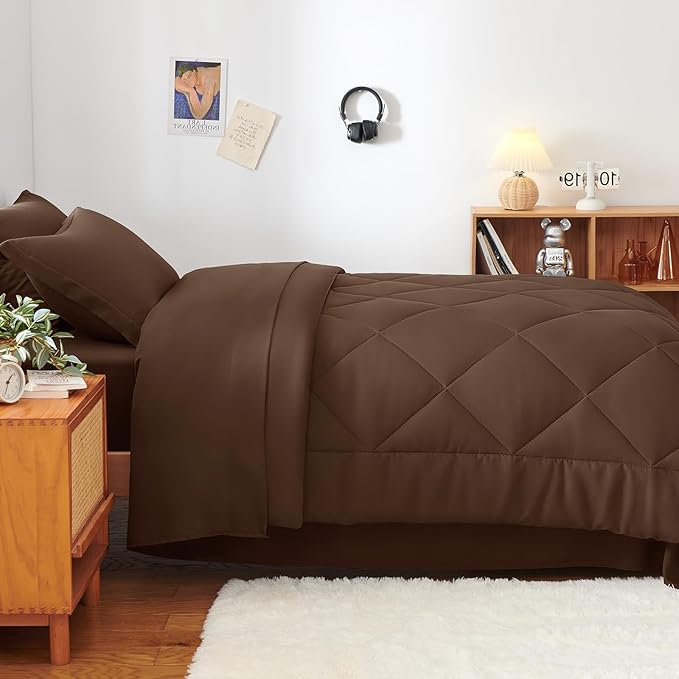CozyLux Twin Comforter Set with Sheets Brown - 5 Pieces Bed in a Bag Twin, All Season Bed Set for Girls and Boys, Bedding Set with Down Alternative Comforter, Sheets, Pillowcase & Sham