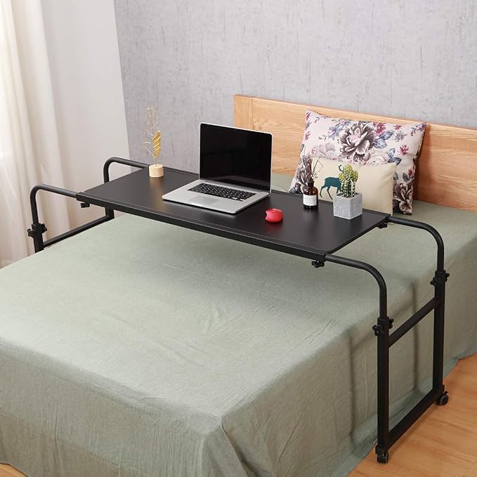 TigerDad Overbed Table with Wheels, Rolling Desk for King Queen Full Bed Heavy Duty, 55"-83" Adjustable Length & Height Hospital Nursing Table, Mobile Cross Bed Laptop Stand for Home Work, Black