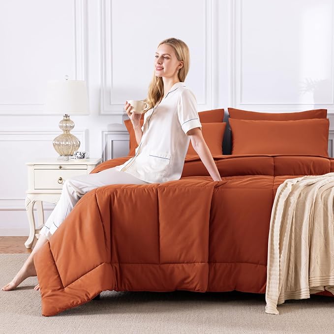 CozyLux Queen Comforter Set Terracotta, 7 Pieces Bed in a Bag, Burnt Orange Fall Comforters Queen Size, All Season Bedding Sets with Stitch Quilted Comforter, Flat Sheet, Fitted Sheet, Pillowcases