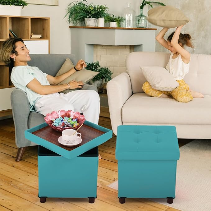 Dorriss Storage Ottoman - Foldable Footstool with Storage, Square Tray, Coffee Table Lid, Light Green