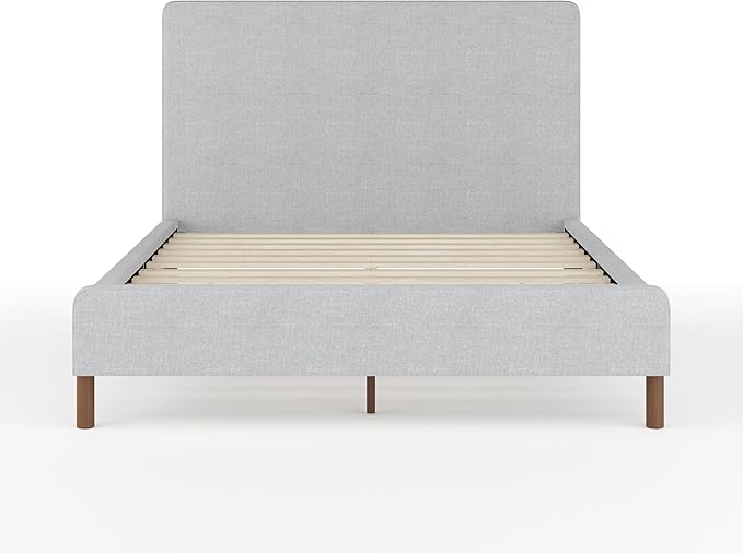 Martha Stewart Britta Platform Bed with Headboard & Footboard, Faux Linen Upholstery with Piping Detail, Rounded Headboard, No Box Spring Needed, Full, Gray