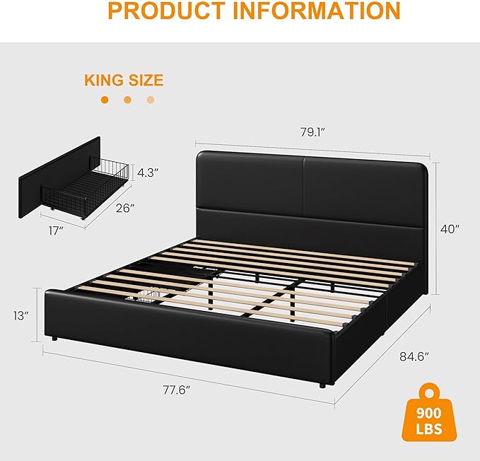 GarveeHome Modern Upholstered Platform Bed Frame with Headboard and Storage Drawers – PU Black Faux Leather, Sturdy Wooden Slat Support, Noise-Free, No Box Spring Needed, Easy Assembly – King Size, PU