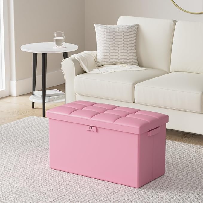DocSafe Storage Ottoman Bench with Lock,Fireproof 30 Inches Folding Bench Foot Rest Stool Storage Chest Safe for Living Room,Bedroom,Home Office,Waterproof Leather Ottoman with Handles,Pink