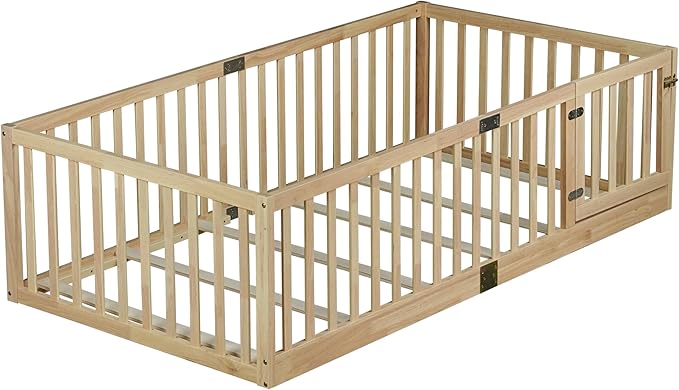Bellemave Twin Size Montessori Floor Bed with 21.5" High Rails, Rubber Wood Twin Floor Bed with Slats and Door, Natural