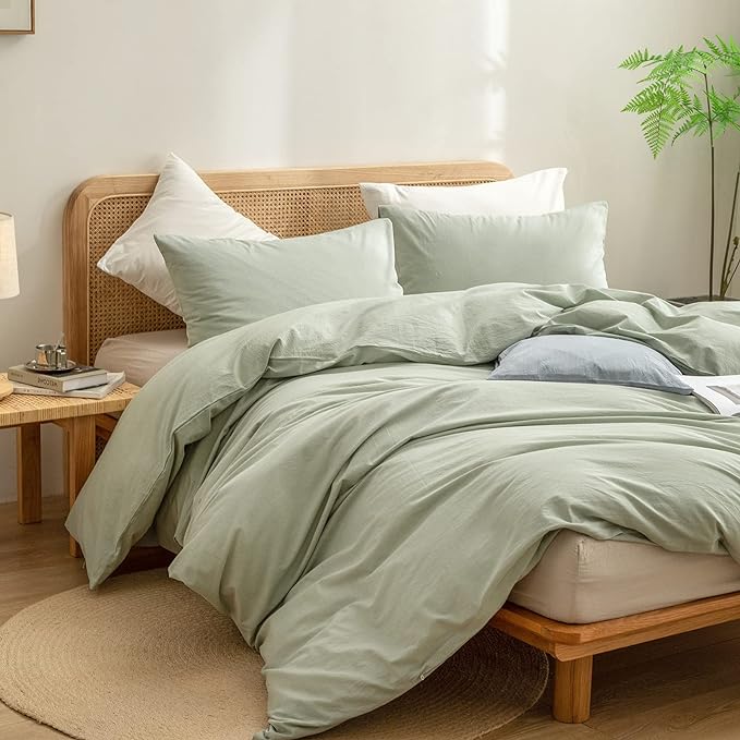 BESTOUCH Duvet Cover Set 100% Washed Cotton Linen Feel Super Soft Comfortable Chic Lightweight 3 PCs Home Bedding Set Solid Sage Green Full/Double
