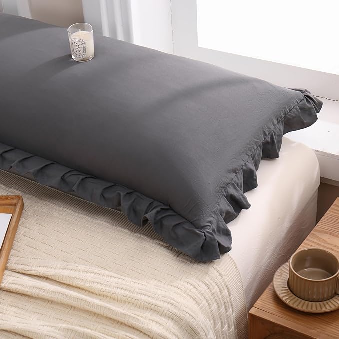 Merryword Dark Gray Pillow Shams Reversible Pillowcases Cute Pillow Cover Set of 2 Soft Shabby Chic Ruffled Pillowcases 2 Pack (Queen (20''x30''), Dark Gray)