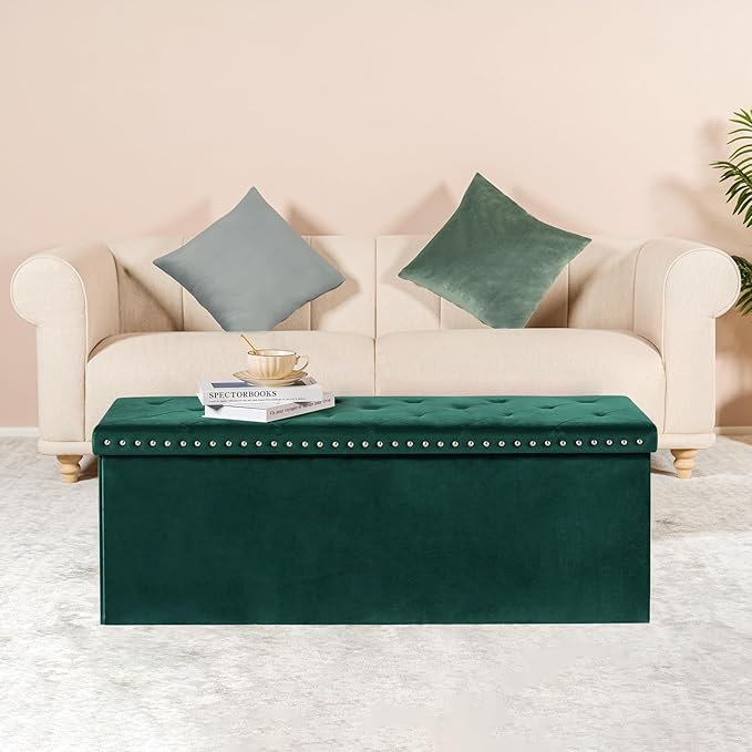 PINPLUS Storage Ottoman Bench for Bedroom, Green Ottoman Folding Velvet Chest with Benches Foot Rest Stool, Large Long Foldable Chest for Entryway Living Room, 43.3"x15.7"x15.7"