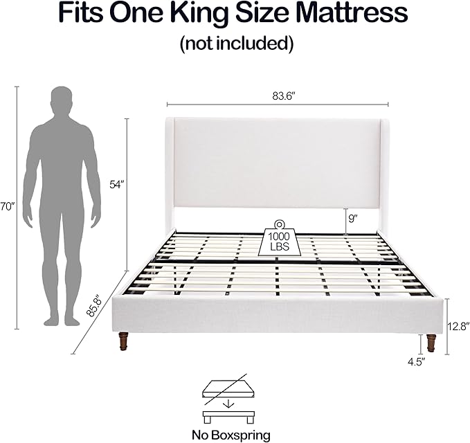GDFStudio Tall Headboard Upholstered Bed,King Size Platform Bed Frame with Headboard Wingback,54" High No Box Spring Needed Easy Assembly Elegant Simplicity Textured Ivory Canvas