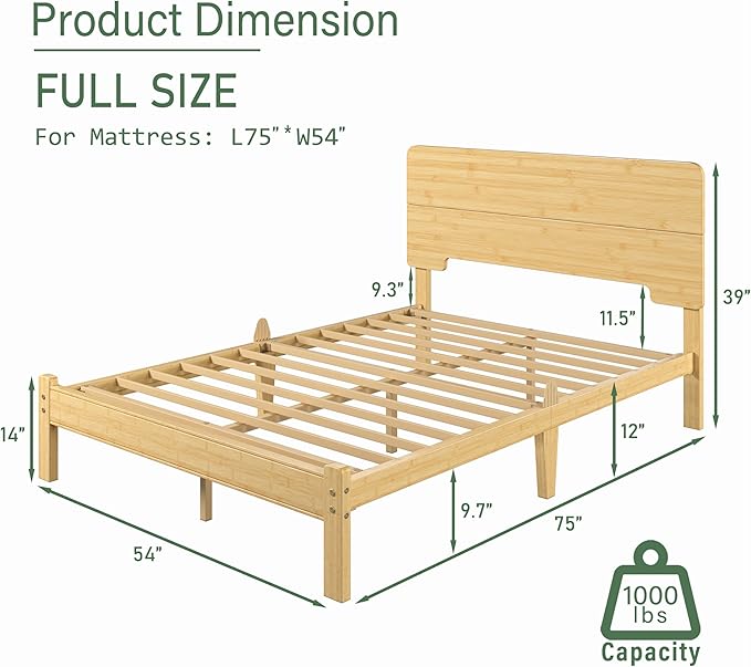 BOSRII 12in High Solid Bamboo Wood Platform Full Size Bed Frame with Headboard, Reinforced Heavy Duty Metal Slats, Noise Free, No Box Spring Needed, Easy Assembly