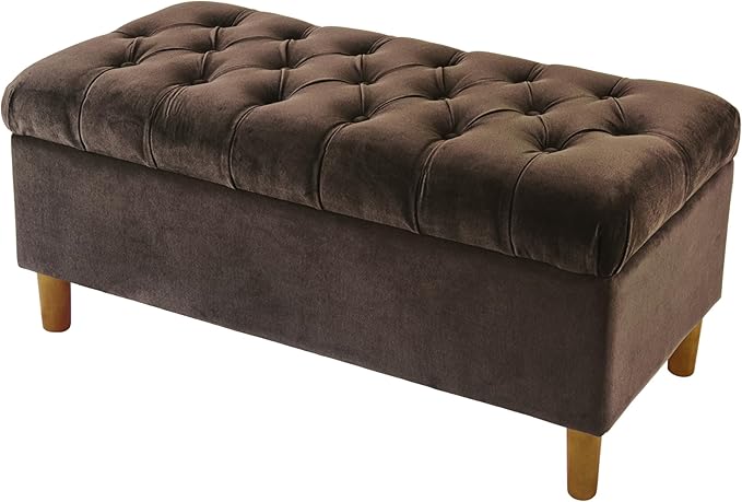 Homepop Home Decor | Tufted Ainsley Button Storage Ottoman Bench with Hinged Lid | Ottoman Bench with Storage for Living Room & Bedroom, Chocolate Brown Velvet