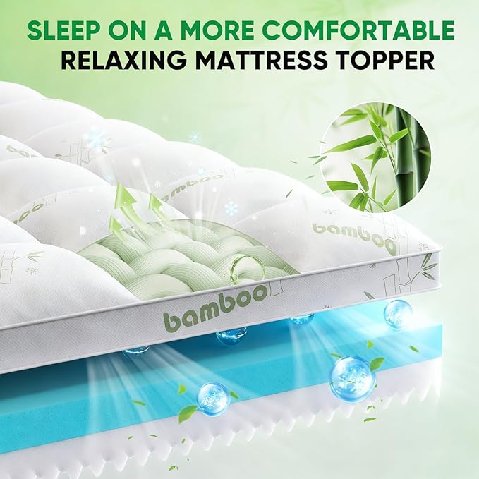 Queen Mattress Topper, 3 in 1 Memory Foam Mattress Topper for Back Pain, 2" Fluffy Cooling Mattress Toppers Queen Breathable Viscose Made from Bamboo and 2.5" Dual Firmness Gel Memory Foam.