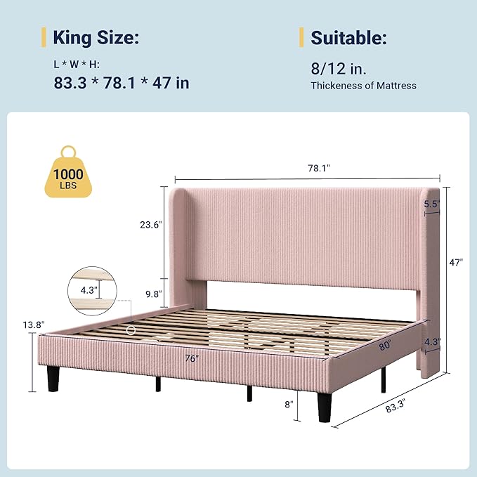 Allewie King Size Bed Frame with Upholstered Wingback Headboard, Vertical Channel Tufted Corduroy Velvet Platform Bed, Strong Wooden Slats Support, No Box Spring Needed, Easy Assembly, Light Pink