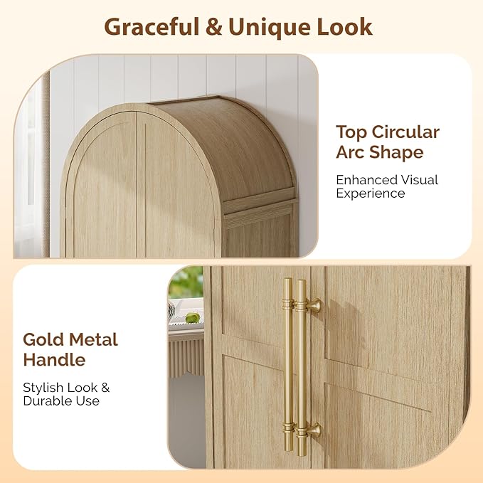 VINGLI Arched Wardrobe Closet Armoire with Doors and Drawer, 70" Tall Wooden Wardrobe Cabinet,Clothing Storage Cabinet, Large Capacity Storage, Natural Oak