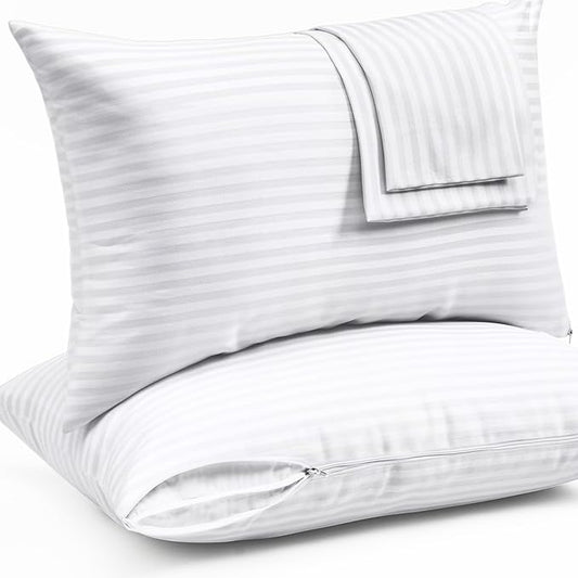 Ultra Soft Pillow Protectors with Zipper Standard Size - Set of 2 Breathable Pillow Covers - 100% Protection Against Stains, Dust & Dirt - Machine Washable (Dark White)