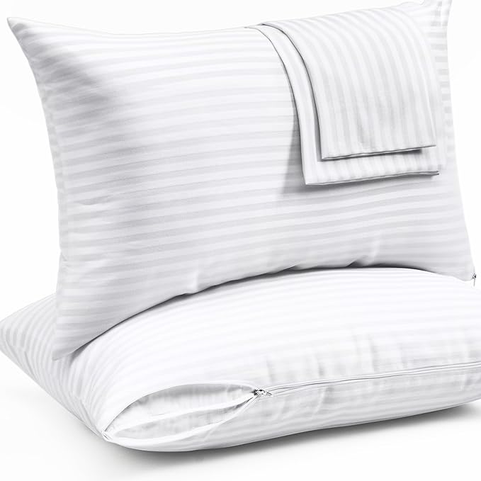 Ultra Soft Pillow Protectors with Zipper Queen Size - Set of 2 Breathable Pillow Covers - 100% Protection Against Stains, Dust & Dirt - Machine Washable (Dark White)