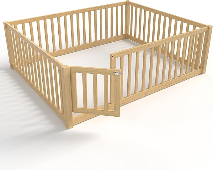 Bellemave Full Montessori Floor Bed with 23.5" High Rails, Pine,Plywood Full Floor Bed with Small Door, Natural