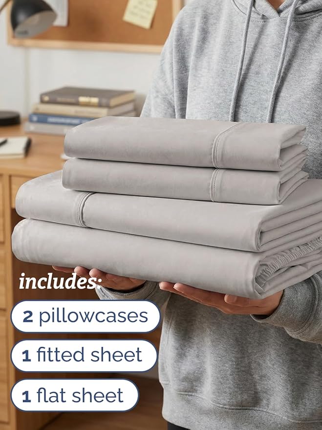 Twin XL 4 Piece Sheet Set - Comfy, Breathable & Cooling - Soft Hotel Luxury Bedding for Women, Men, Kids, Teens and Children - 1 Flat & 1 Fitted Sheet & 2 Pillowcases with Deep Pockets - Light Grey